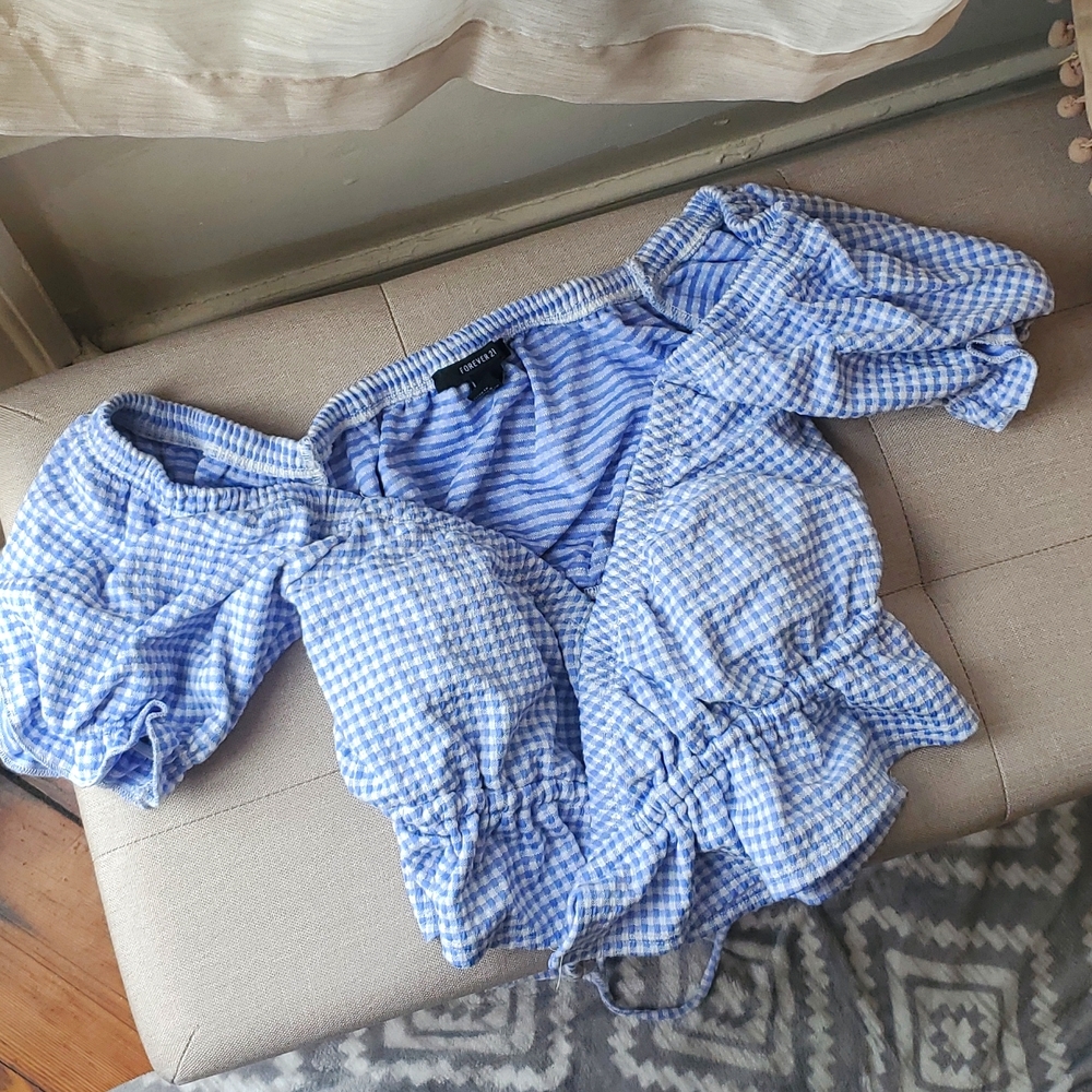 Checkered Periwinkle Wrap/Tie Crop Top Ruffled Sleeves and Hem